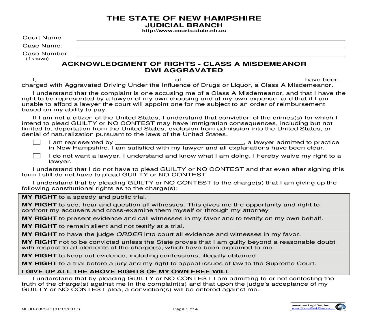 Acknowledgment Of Rights-Class A Misdemeanor DWI Aggravated {NHJB-2823-D} | Pdf Fpdf Doc Docx | New Hampshire