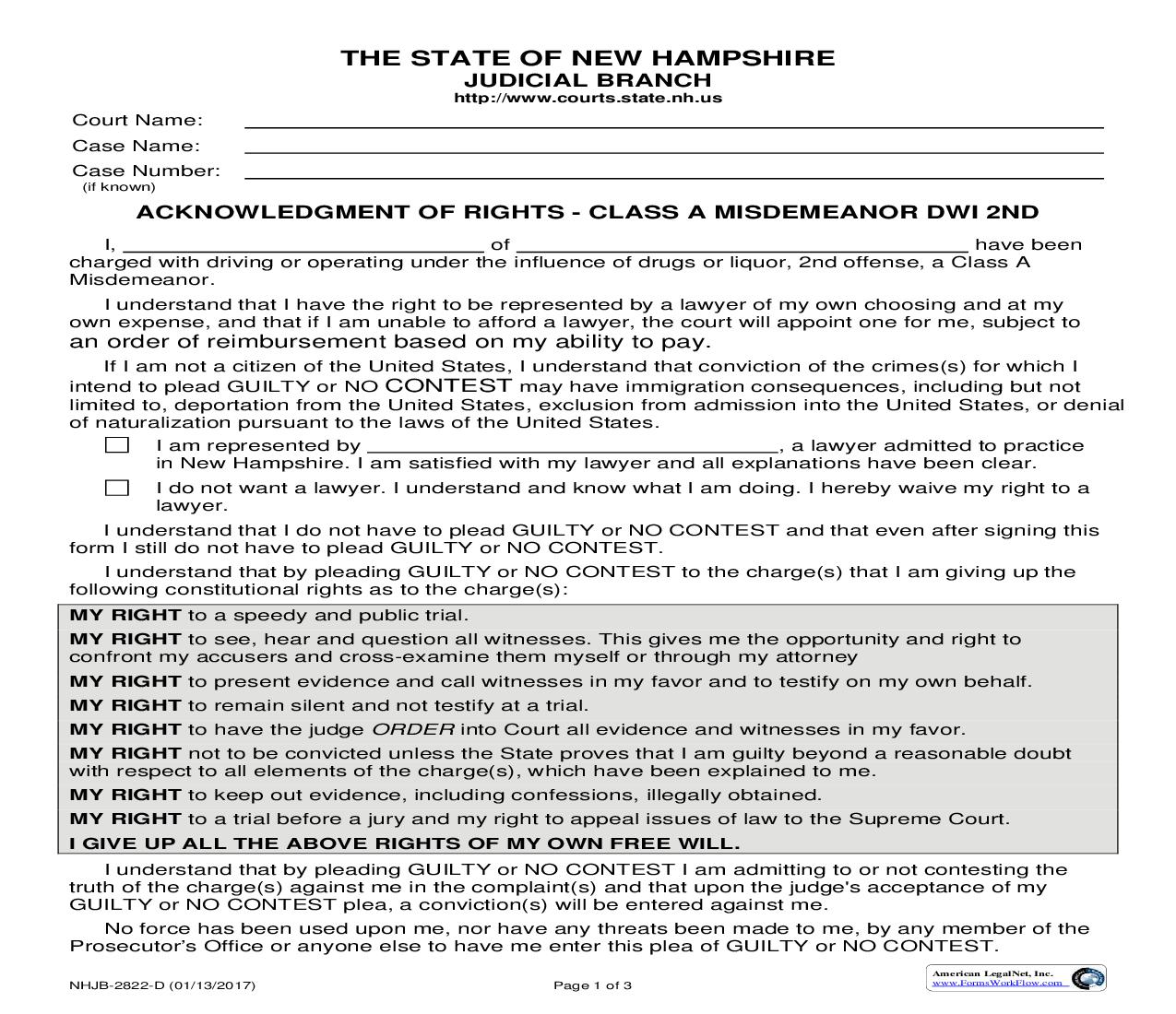 Acknowledgment Of Rights-Class A Misdemeanor-DWI 2nd Offense  {NHJB-2822-D} | Pdf Fpdf Doc Docx | New Hampshire