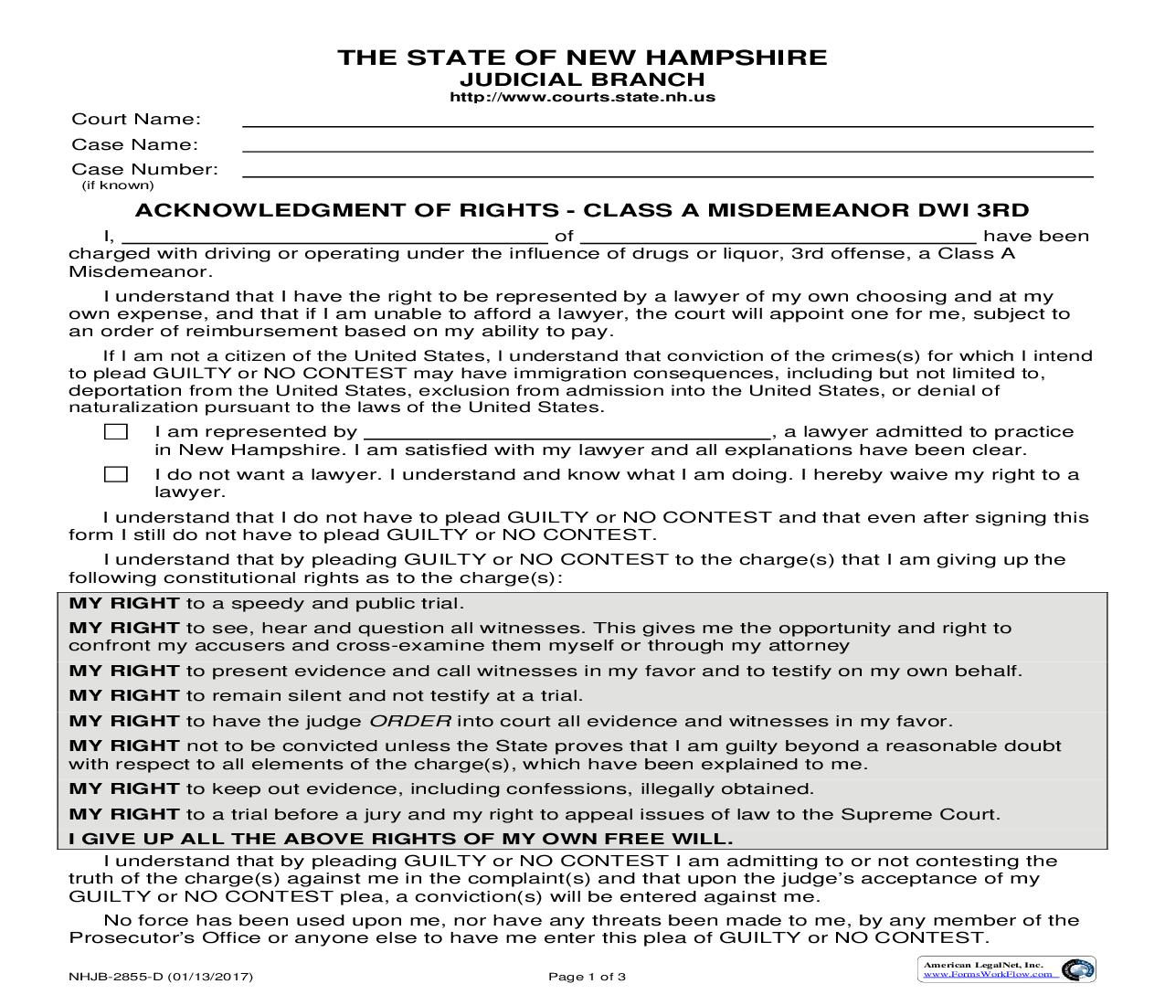 Acknowledgment Of Rights-Class A Misdemeanor-DWI 3rd {NHJB-2855-D} | Pdf Fpdf Doc Docx | New Hampshire