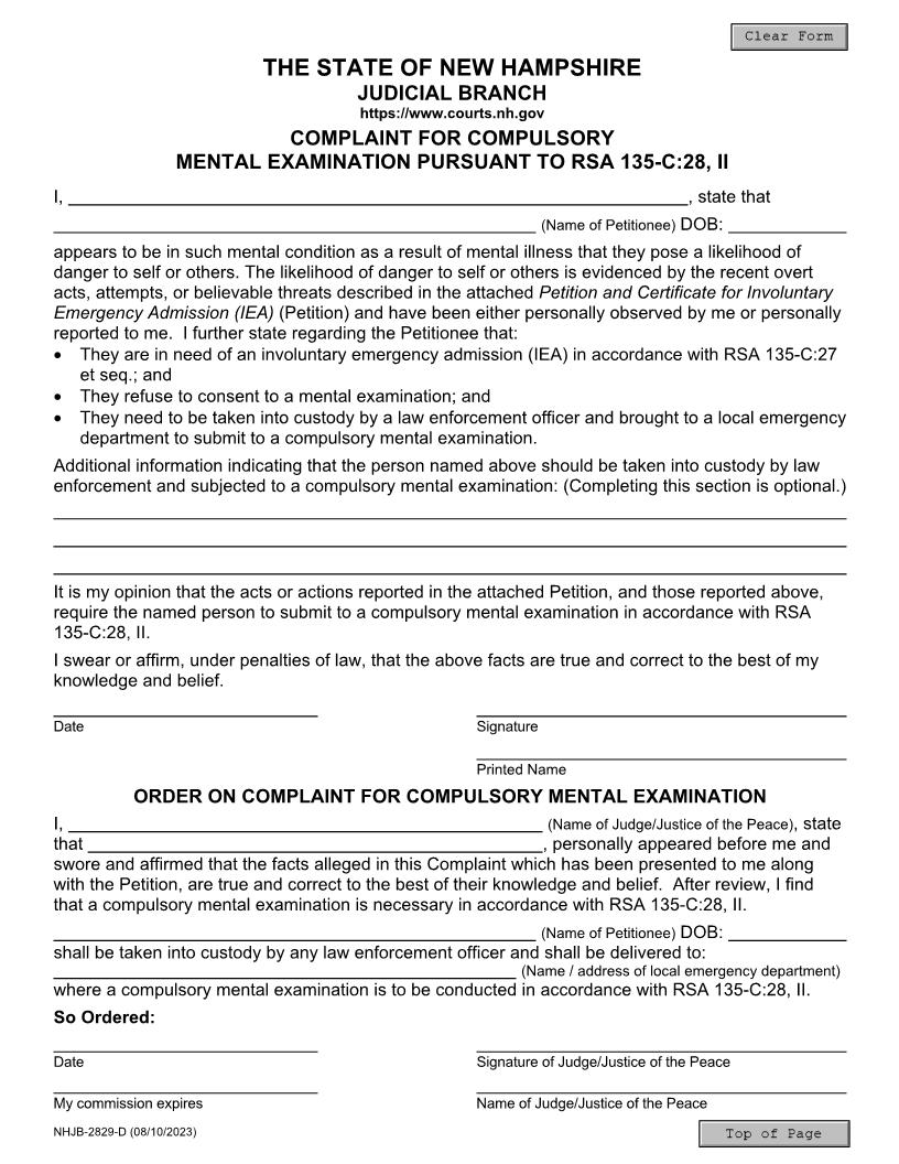 Complaint For Compulsory Mental Examination {NHJB-2829-D} | Pdf Fpdf Docx | New Hampshire