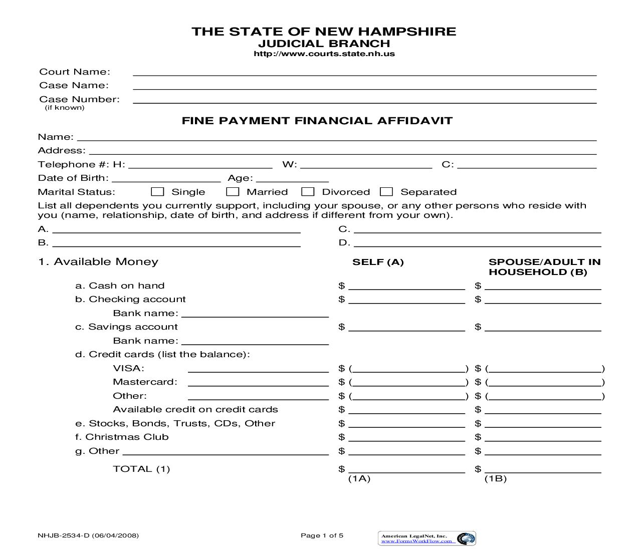 Fine Payment Financial Affidavit {NHJB-2534-D} | Pdf Fpdf Doc Docx | New Hampshire