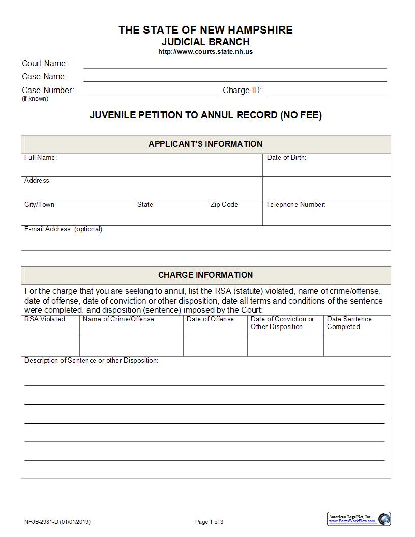 Juvenile Petition To Annul Record (No Fee) {NHJB-2981-D} | Pdf Fpdf Docx | New Hampshire