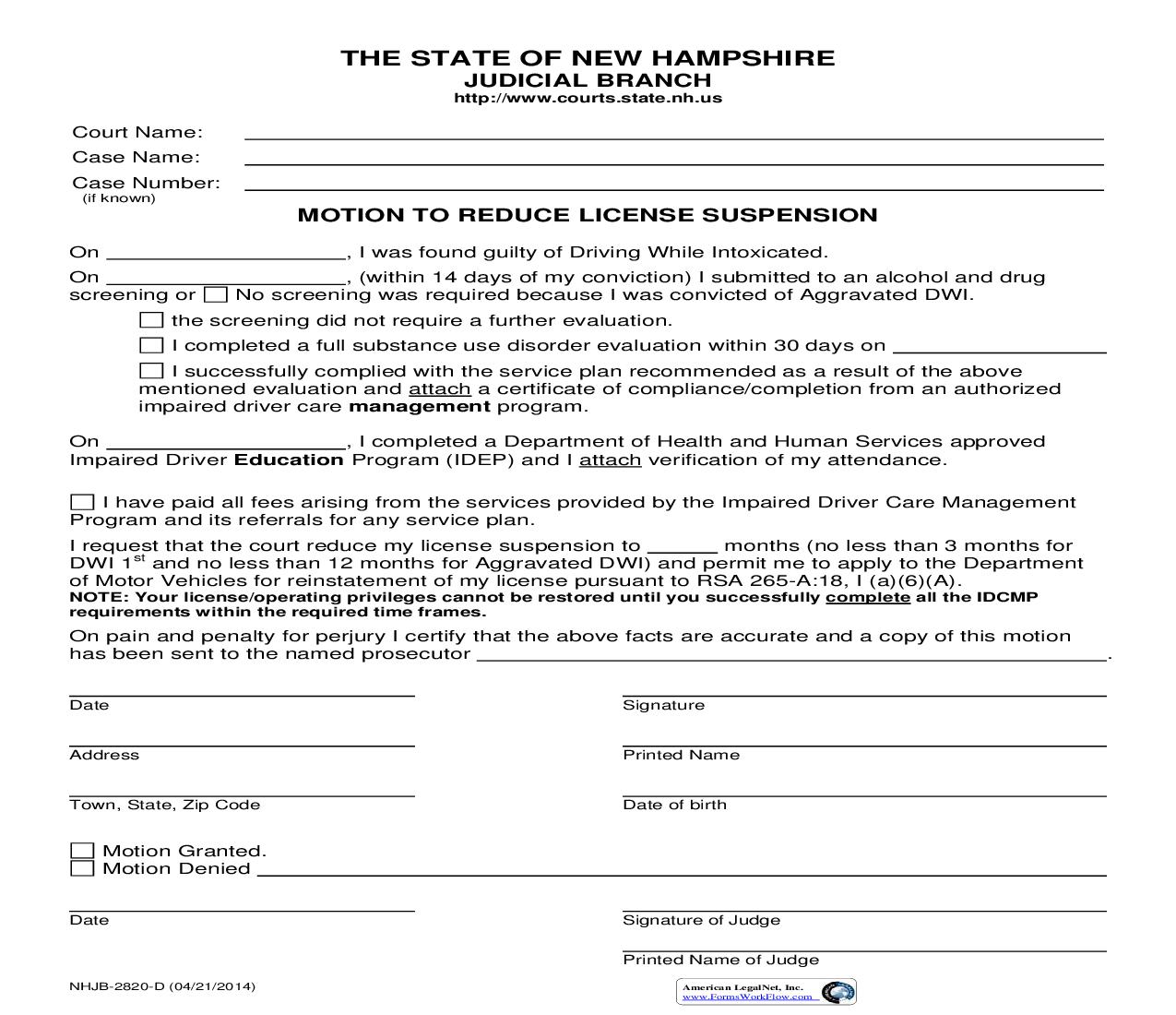 Motion To Reduce License Suspension {NHJB-2820-D} | Pdf Fpdf Doc Docx | New Hampshire