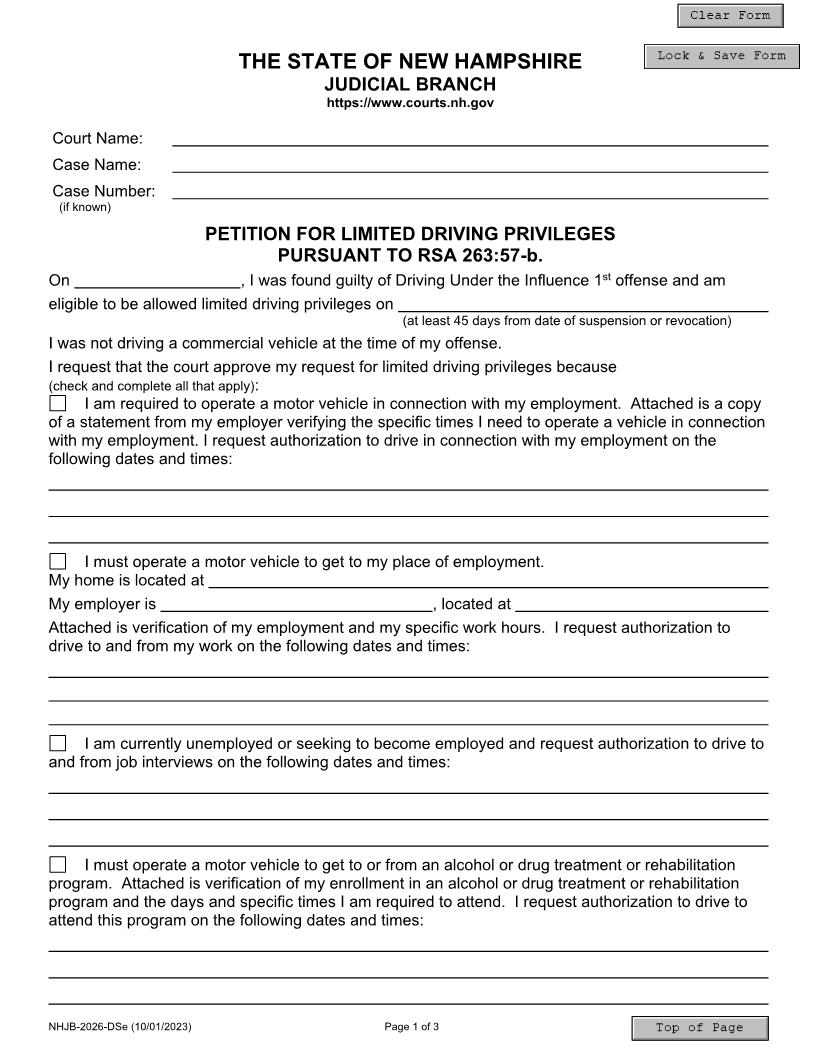 Petition For Limited Driving Privileges {NHJB-2026-DSe} | Pdf Fpdf Docx | New Hampshire