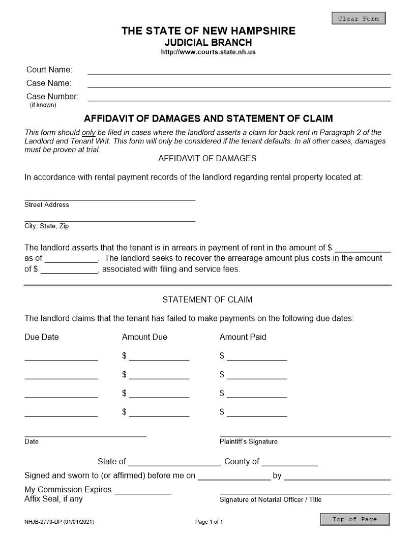 Affidavit Of Damages And Statement Of Claim {NHJB-2770-D} | Pdf Fpdf Doc Docx | New Hampshire