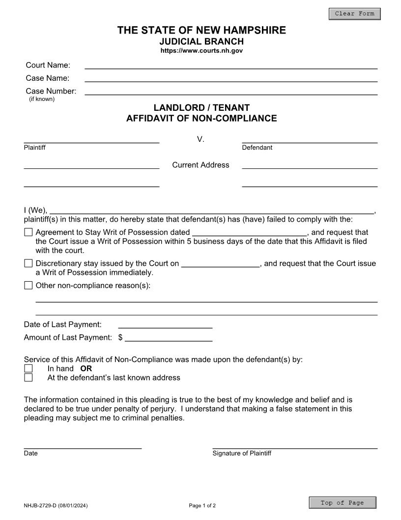 Affidavit Of Non-Compliance {NHJB-2729-D} | Pdf Fpdf Docx | New Hampshire