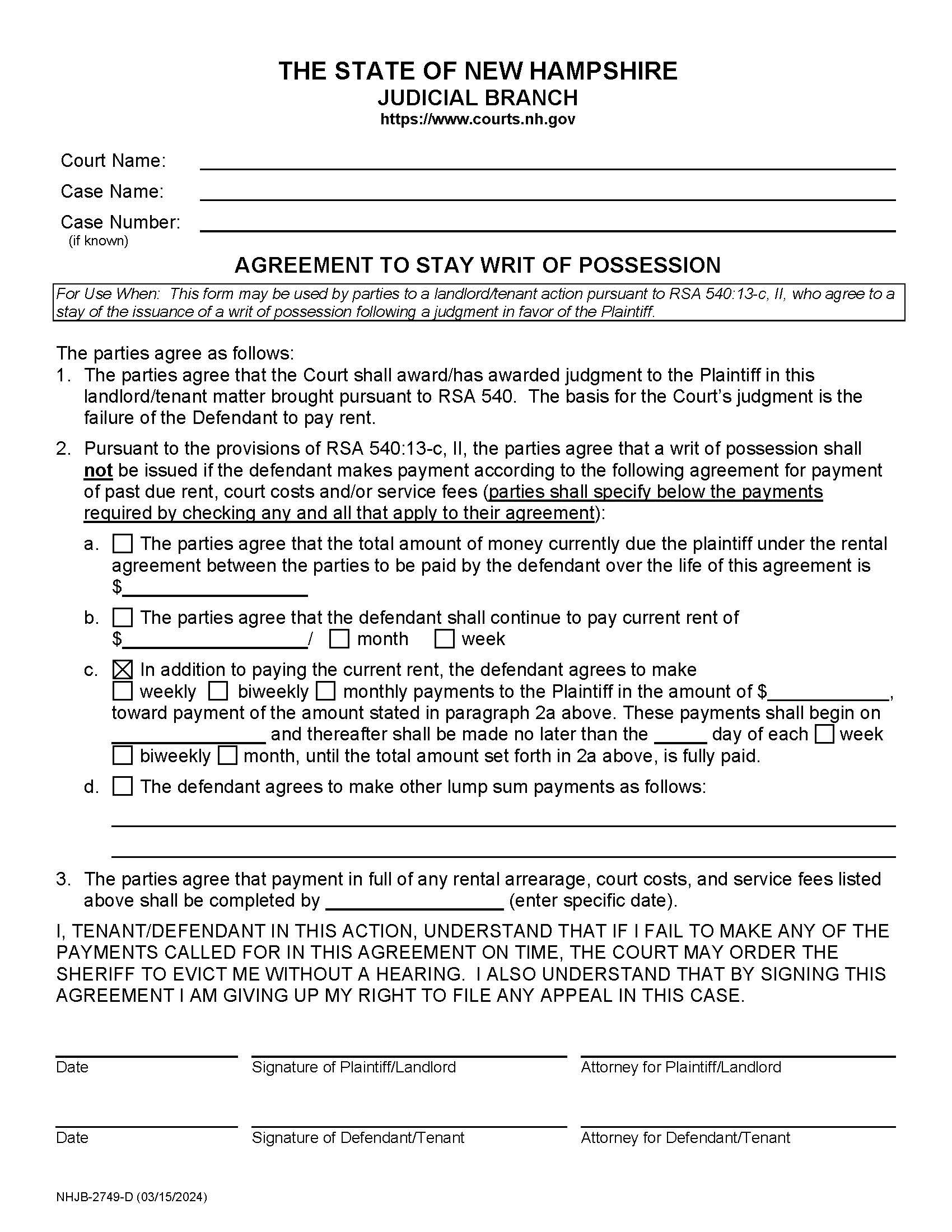 Agreement To Stay Writ Of Possession {NHJB-2749-D} | Pdf Fpdf Docx | New Hampshire