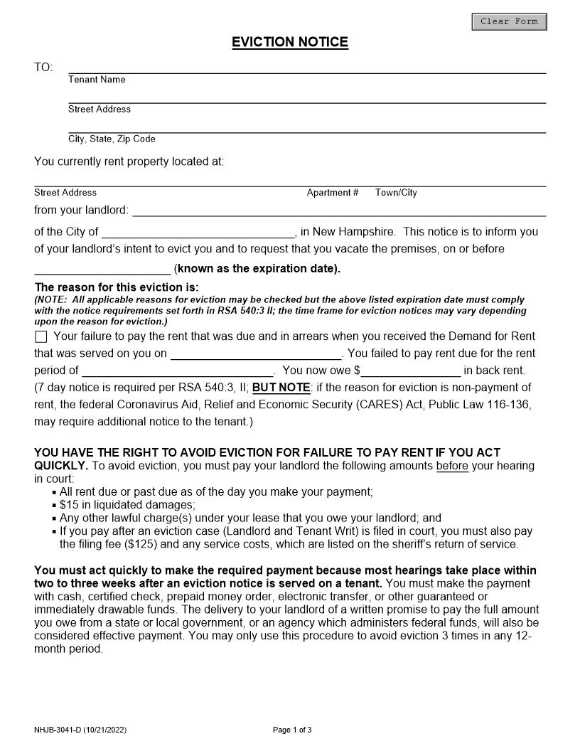 Eviction Notice {NHJB-3041-D} | Pdf Fpdf Docx | New Hampshire