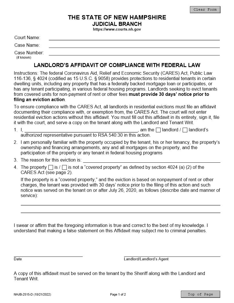 Landlord Affidavit Of Compliance With Federal Law (NHJB-2515-D} | Pdf Fpdf Docx | New Hampshire