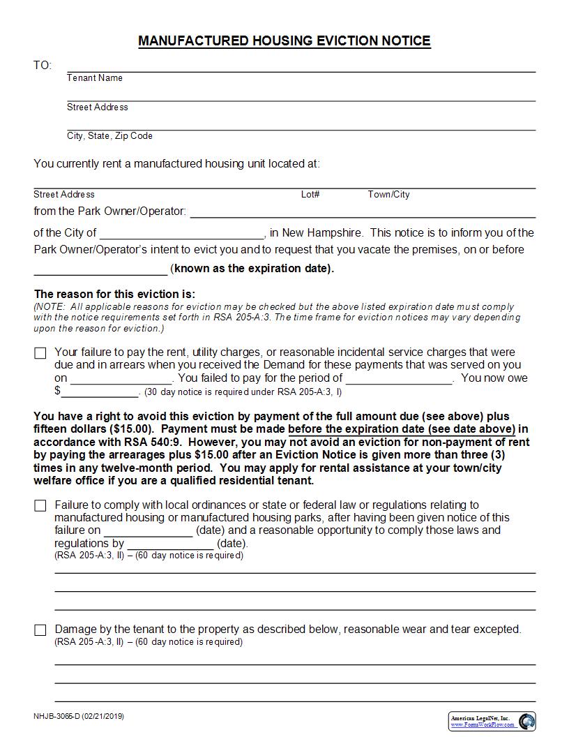 Manufactured Housing Eviction Notice {NHJB-3065-D} | Pdf Fpdf Docx | New Hampshire