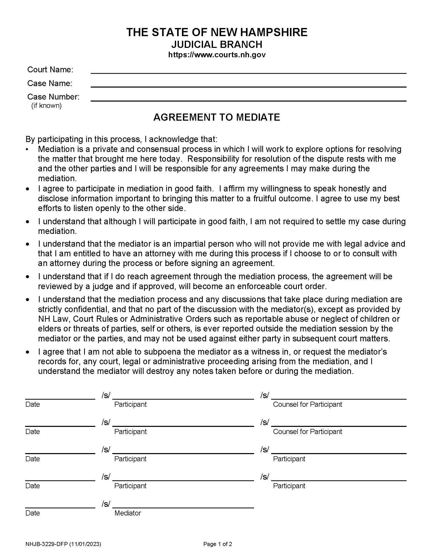 Agreement To Mediate {NHJB-3229-DFP} | Pdf Fpdf Docx | New Hampshire