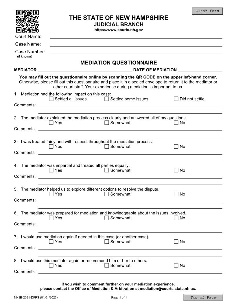 Mediation Questionaire {NHJB-2091-DFPS} | Pdf Fpdf Docx | New Hampshire