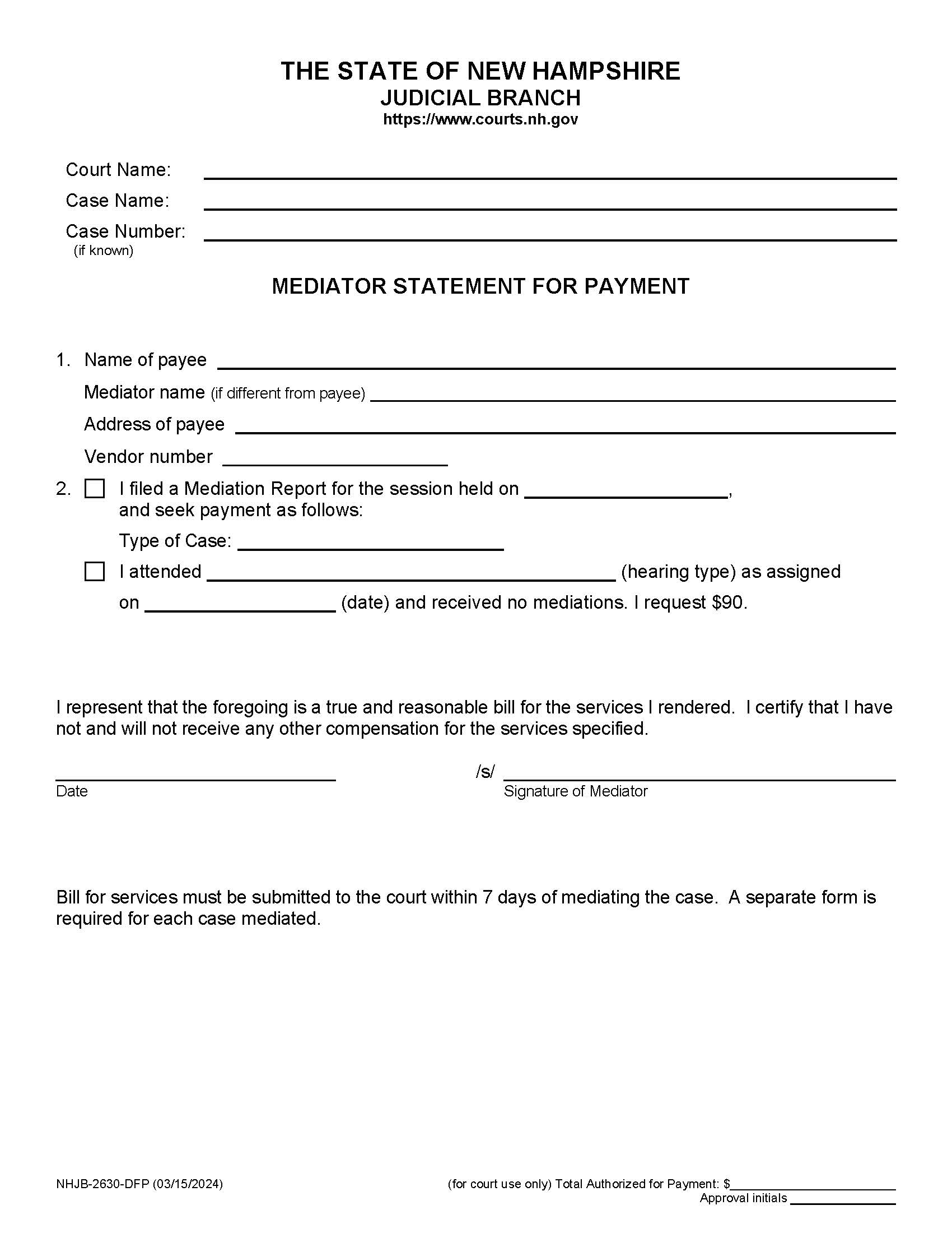 Statement For Payment {NHJB-2630-DFP} | Pdf Fpdf Docx | New Hampshire