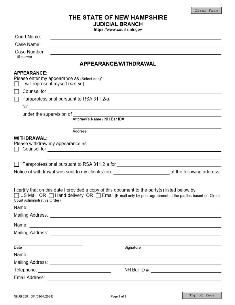 Appearance-Withdrawal-District-Family {NHJB-2391-DF} | Pdf Fpdf Docx | New Hampshire
