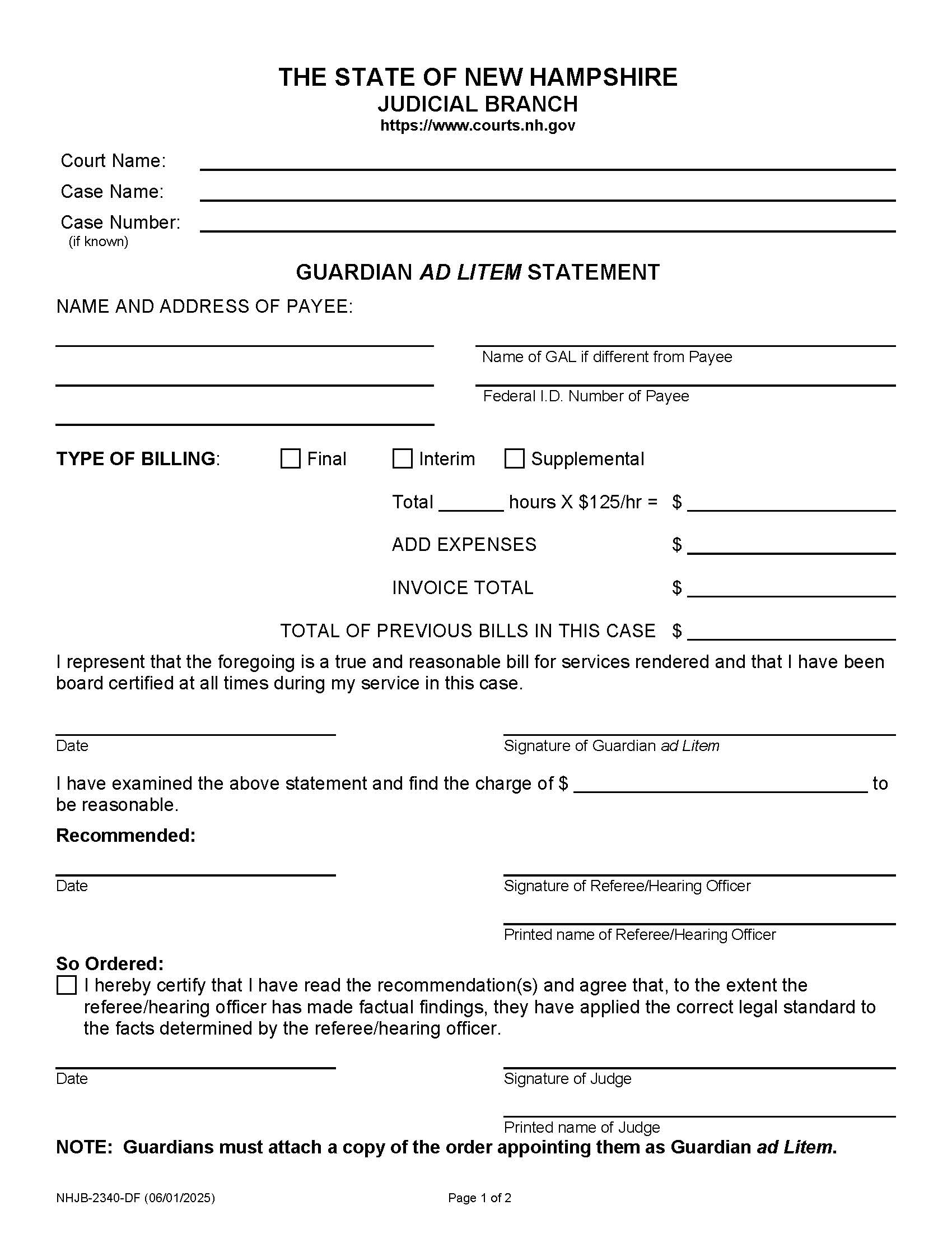 Guardian Ad Litem Statement {NHJB-2340-DF} | Pdf Fpdf Doc Docx | New Hampshire