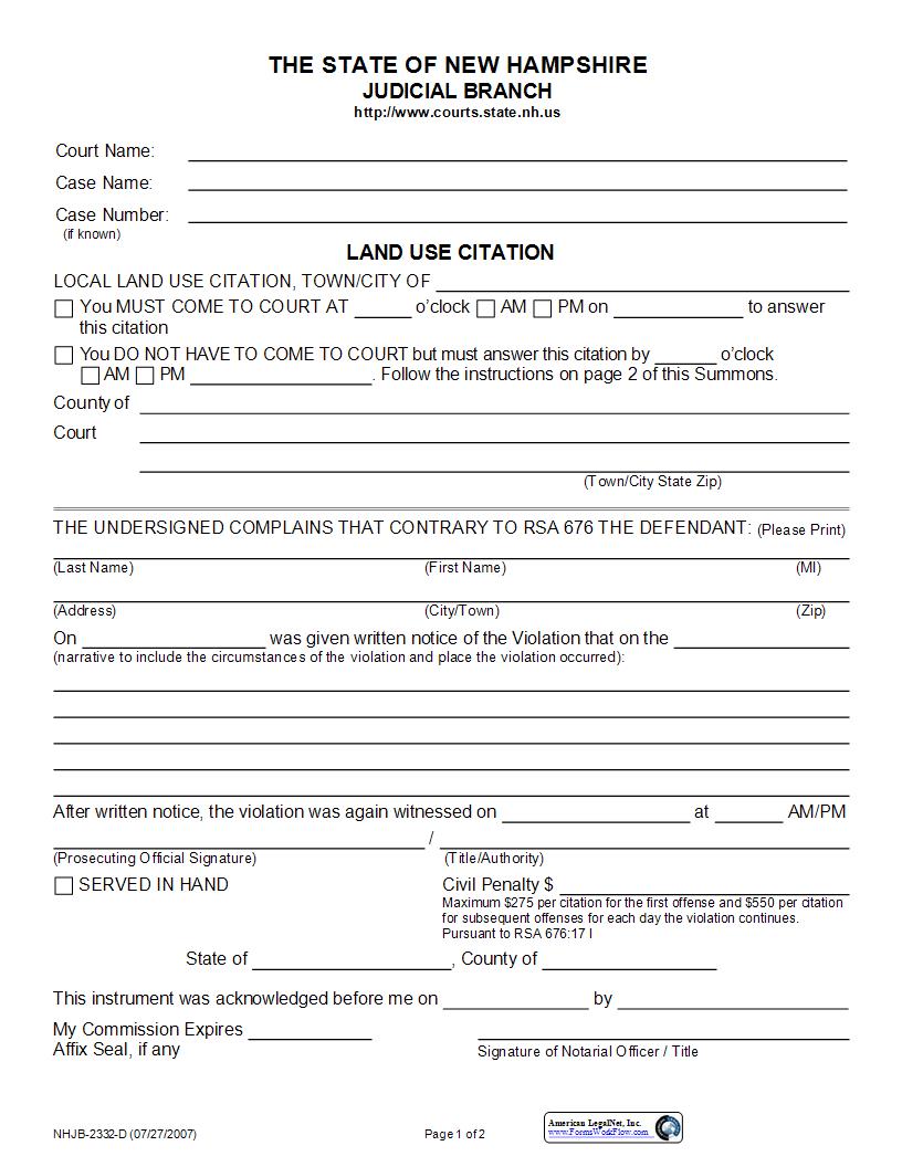 Local Land Use Citation-Violation Only {NHJB-2332-D} | Pdf Fpdf Docx | New Hampshire