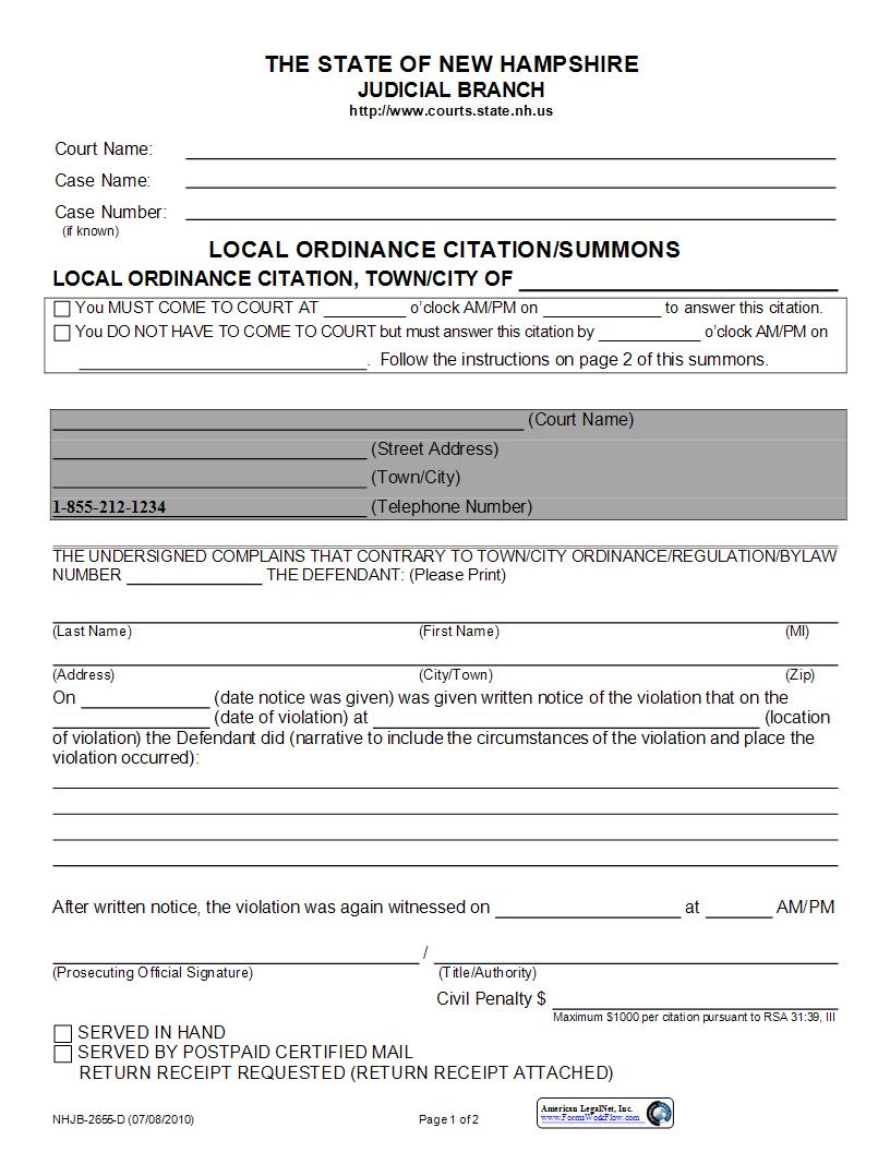 Local Ordinance Citation Or Summons {NHJB-2655-D} | Pdf Fpdf Docx | New Hampshire