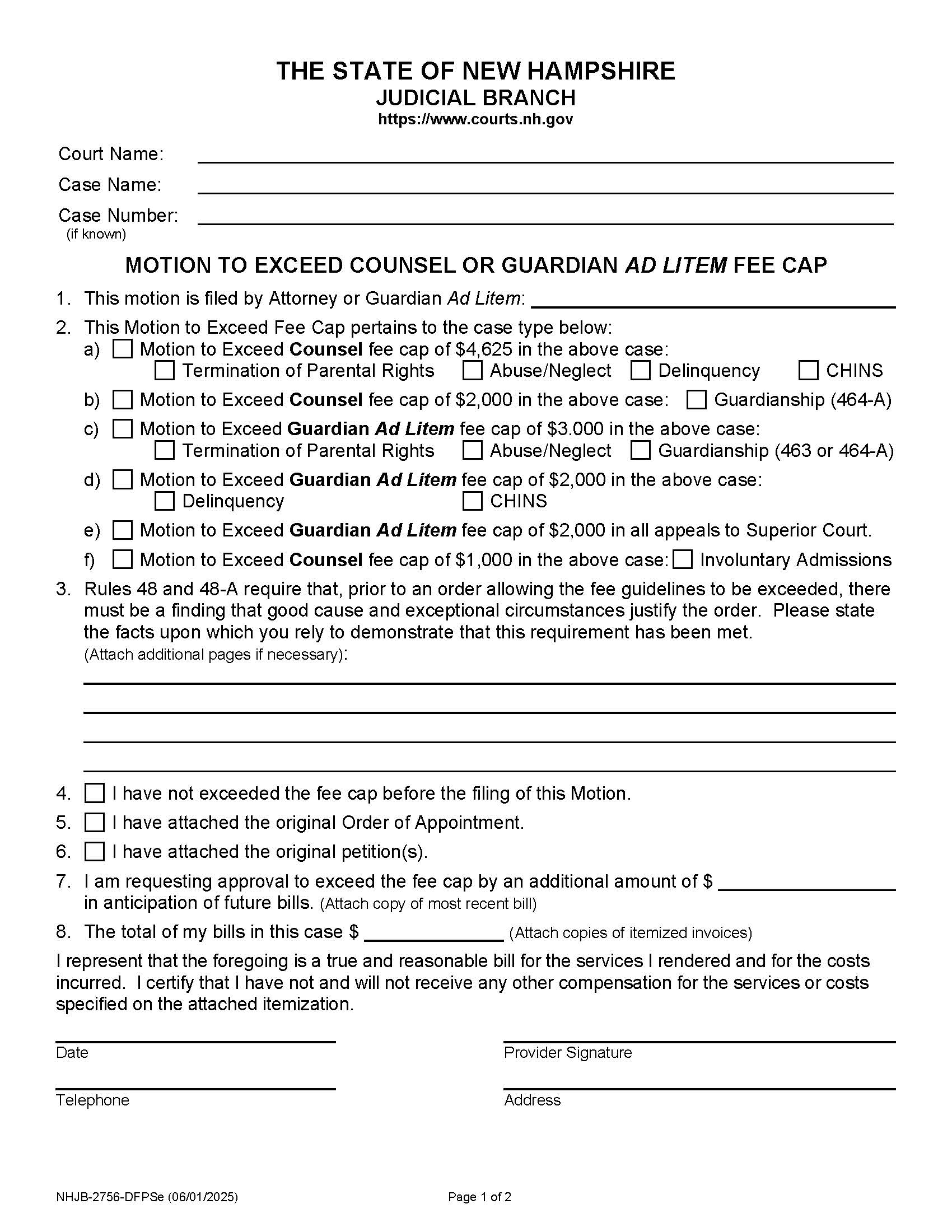 Motion To Exceed Counsel Or GAL Fee Cap {NHJB-2756-DFPSe} | Pdf Fpdf Doc Docx | New Hampshire