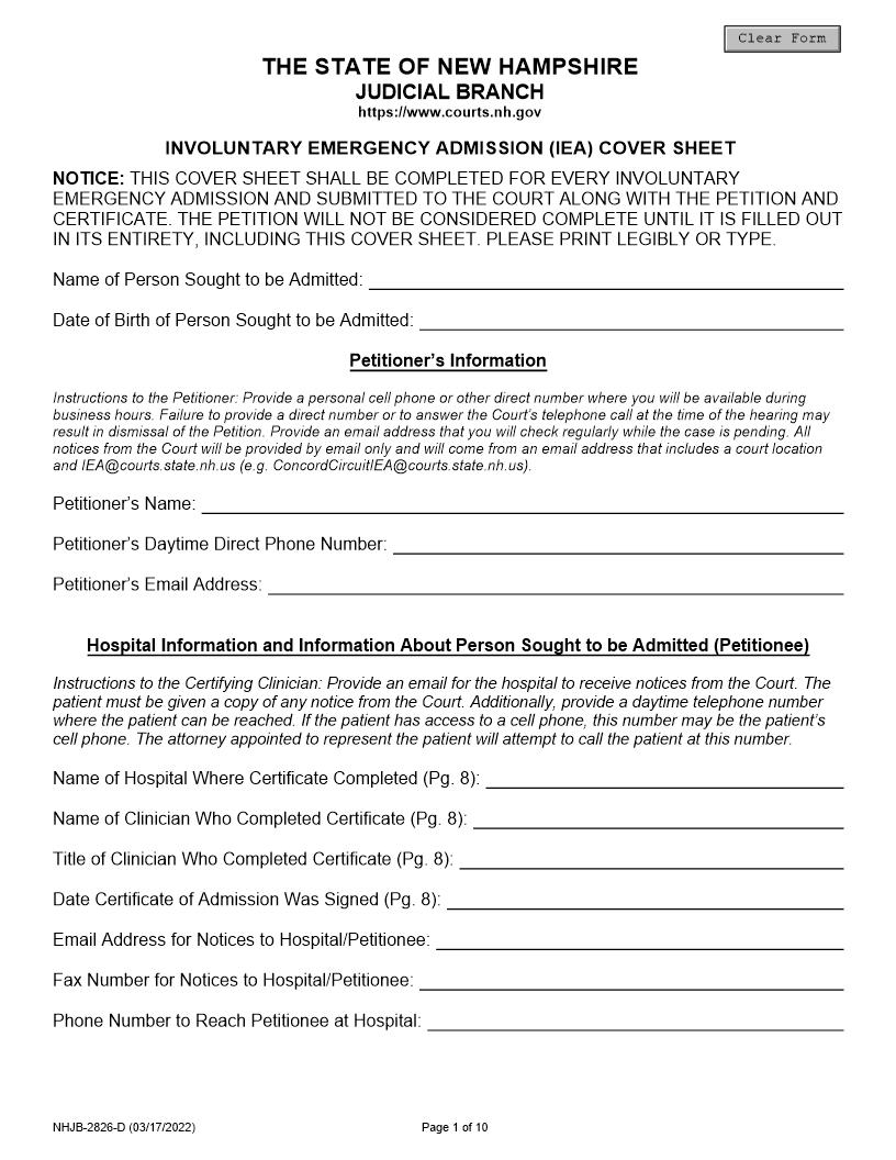 Petition And Certificate For Involuntary Emergency Admission (IEA) {NHJB-2826-D} | Pdf Fpdf Docx | New Hampshire