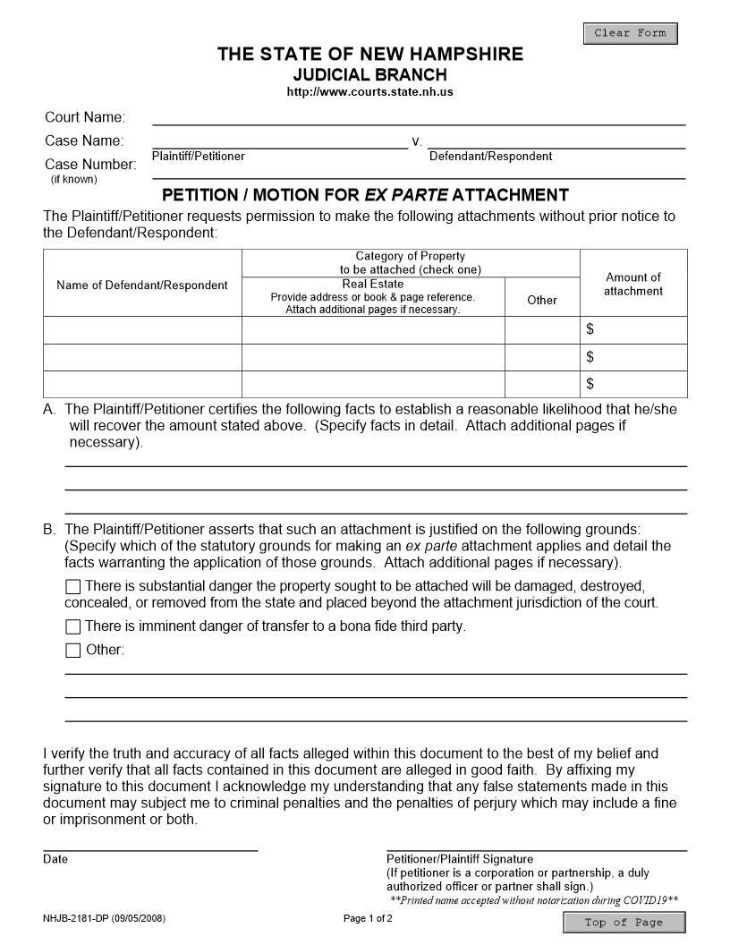 Petition For Ex Parte Attachment {NHJB-2181-DP} | Pdf Fpdf Docx | New Hampshire