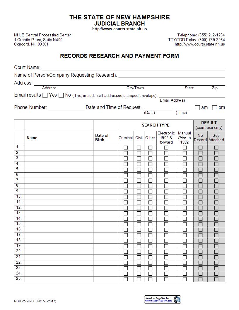 Records Research And Payment Form {NHJB-2798-DFS} | Pdf Fpdf Docx | New Hampshire