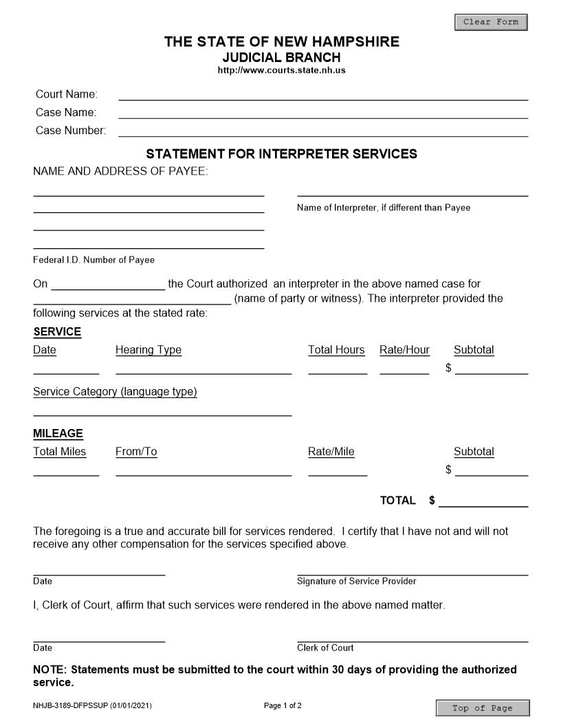 Statement For Interpreter Services. {NHJB-3189} | Pdf Fpdf Docx | New Hampshire