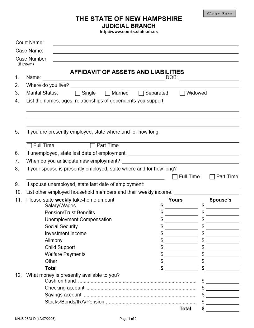 Affidavit Of Assets And Liabilities {NHJB-2328-D} | Pdf Fpdf Docx | New Hampshire