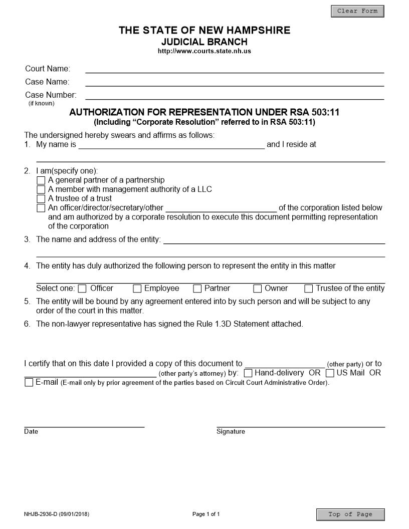 Authorization For Representation {NHJB-2936-D} | Pdf Fpdf Docx | New Hampshire