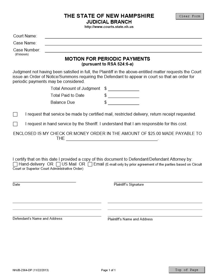 Motion For Periodic Payments {NHJB-2364-DP} | Pdf Fpdf Docx | New Hampshire