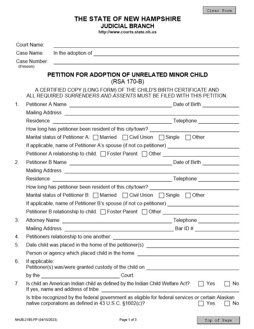 Petition For Adoption {NHJB-2185-FP} | Pdf Fpdf Doc Docx | New Hampshire
