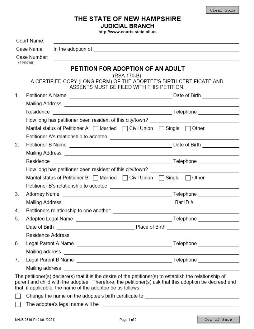 Petition For Adoption of Adult {NHJB-2519-P} | Pdf Fpdf Docx | New Hampshire