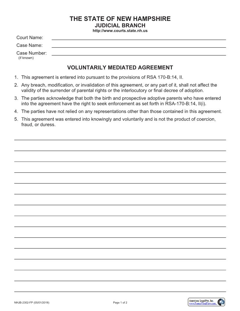 Voluntarily Mediated Agreement {NHJB-2302-FP} | Pdf Fpdf Docx | New Hampshire