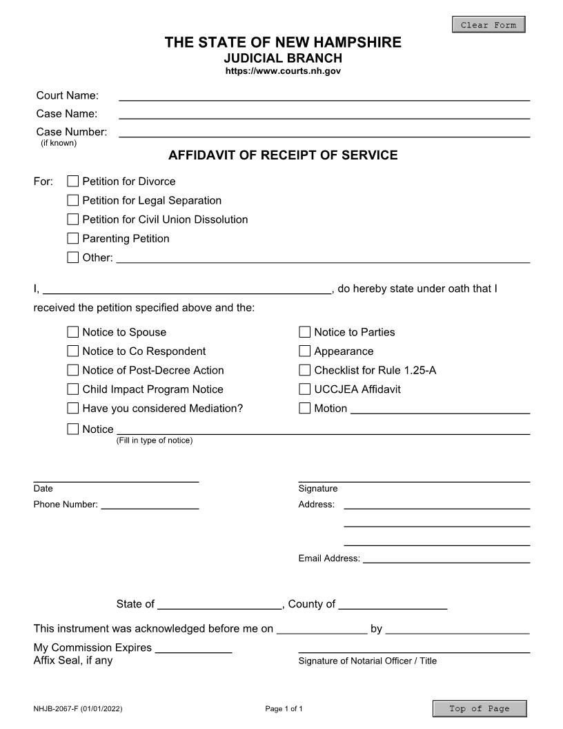 Affidavit Of Receipt Of Service {NHJB-2067-F} | Pdf Fpdf Docx | New Hampshire