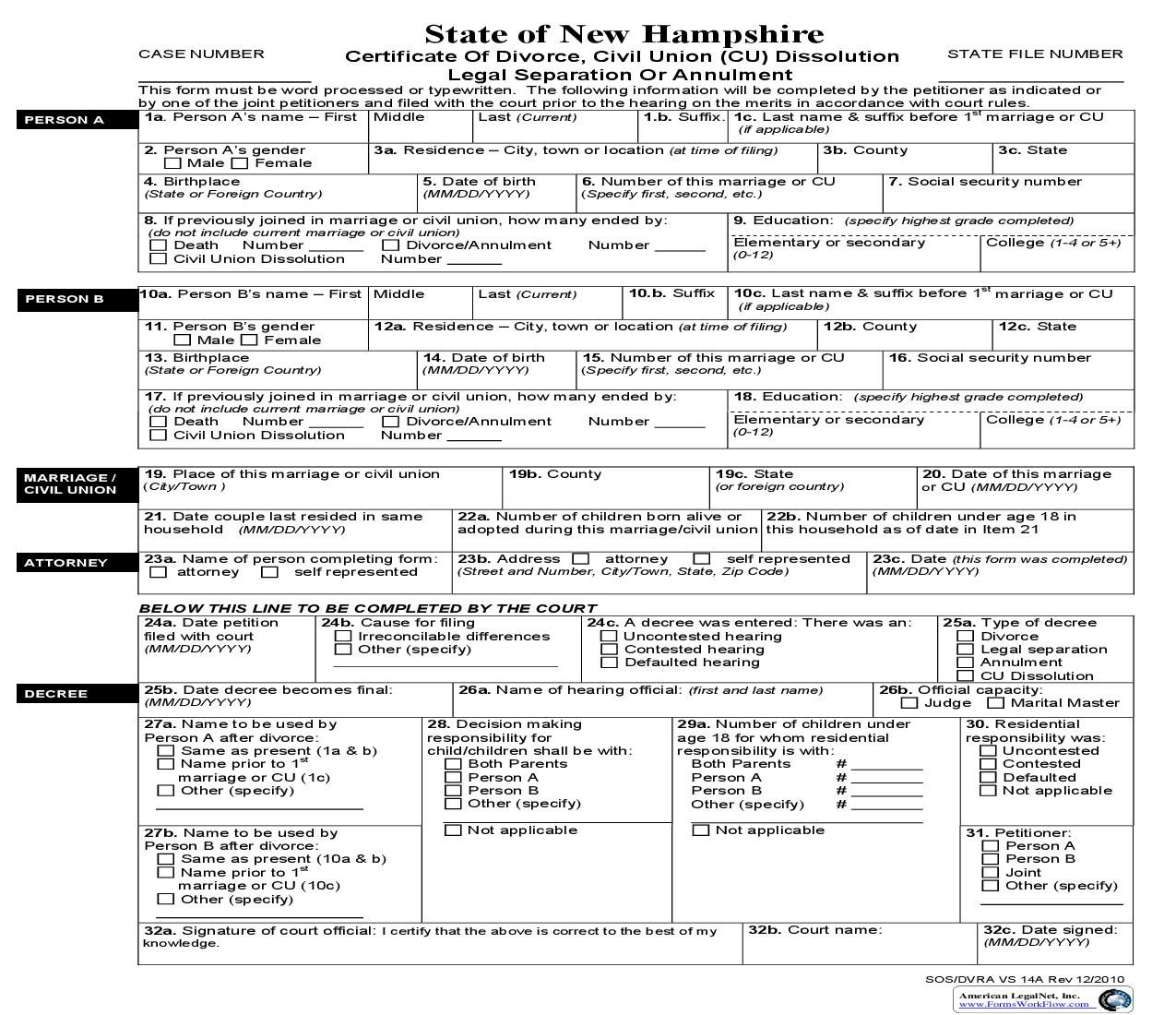 Certificate Of Divorce Civil Union (CU) Dissolution Legal Separation Or Annulment {VS-14a} | Pdf Fpdf Doc Docx | New Hampshire
