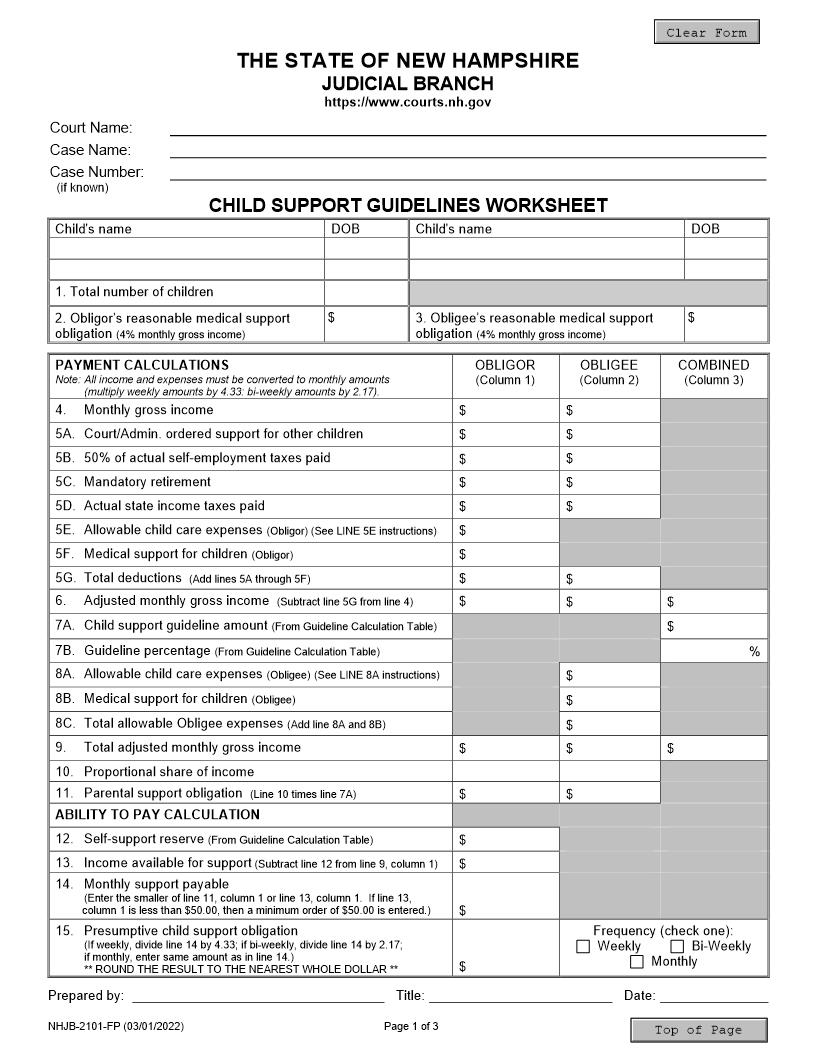 Child Support Guidelines Worksheet {NHJB-2101-FP} | Pdf Fpdf Docx | New Hampshire