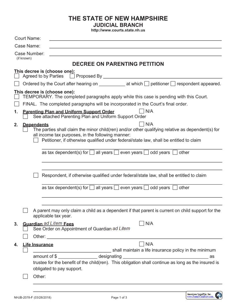 Decree On Parenting Petition {NHJB-2078-F} | Pdf Fpdf Docx | New Hampshire