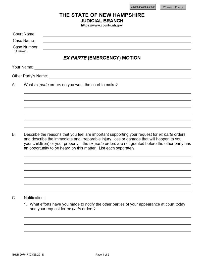 Ex Parte (Emergency) Motion {NHJB-2076-F} | Pdf Fpdf Docx | New Hampshire