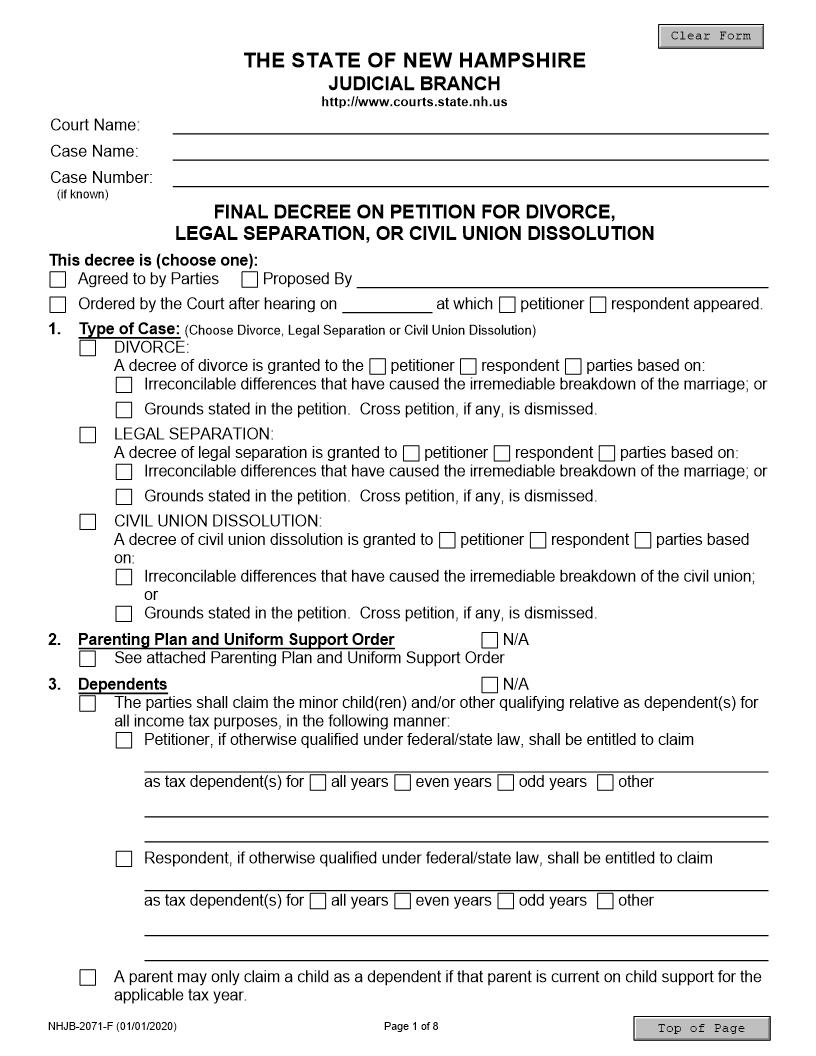 Final Decree On Petition For Divorce Legal Separation Or Civil Union Dissolution {NHJB-2071-F} | Pdf Fpdf Docx | New Hampshire