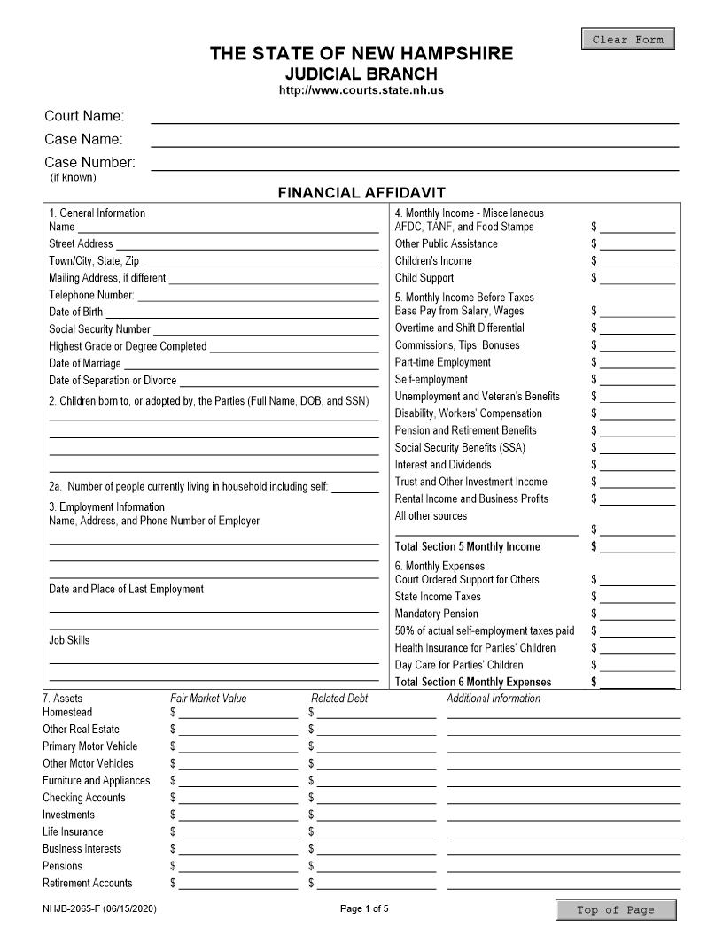Financial Affidavit {NHJB-2065-F} | Pdf Fpdf Docx | New Hampshire