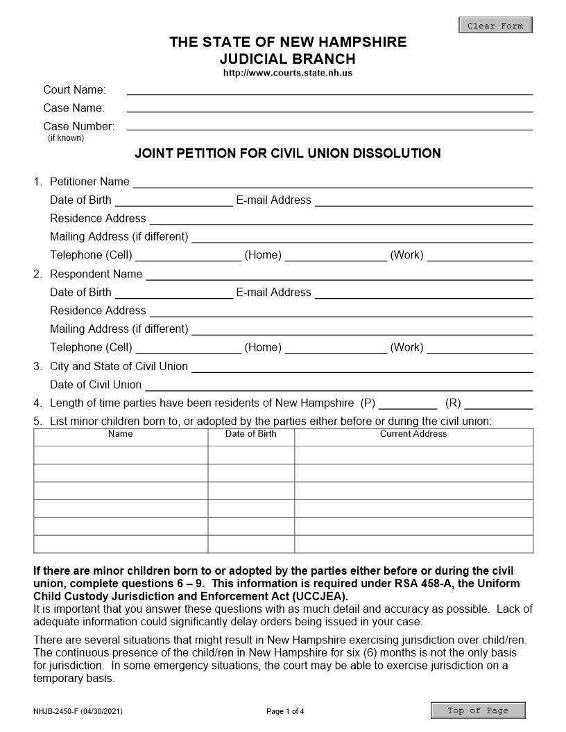 Joint Petition For Civil Union Dissolution {NHJB-2450-F} | Pdf Fpdf Docx | New Hampshire