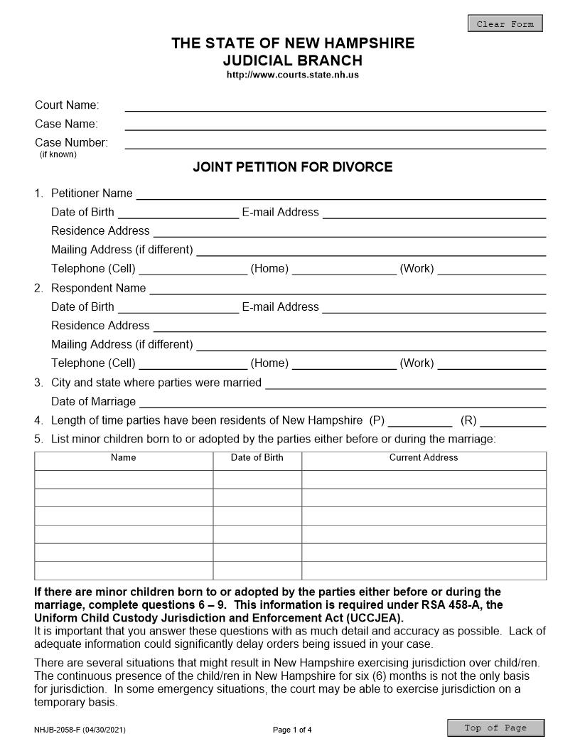 Joint Petition For Divorce {NHJB-2058-F} | Pdf Fpdf Docx | New Hampshire