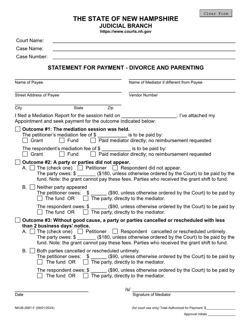 Mediator Statement Divorce And Parenting {NHJB-2681-F} | Pdf Fpdf Docx | New Hampshire