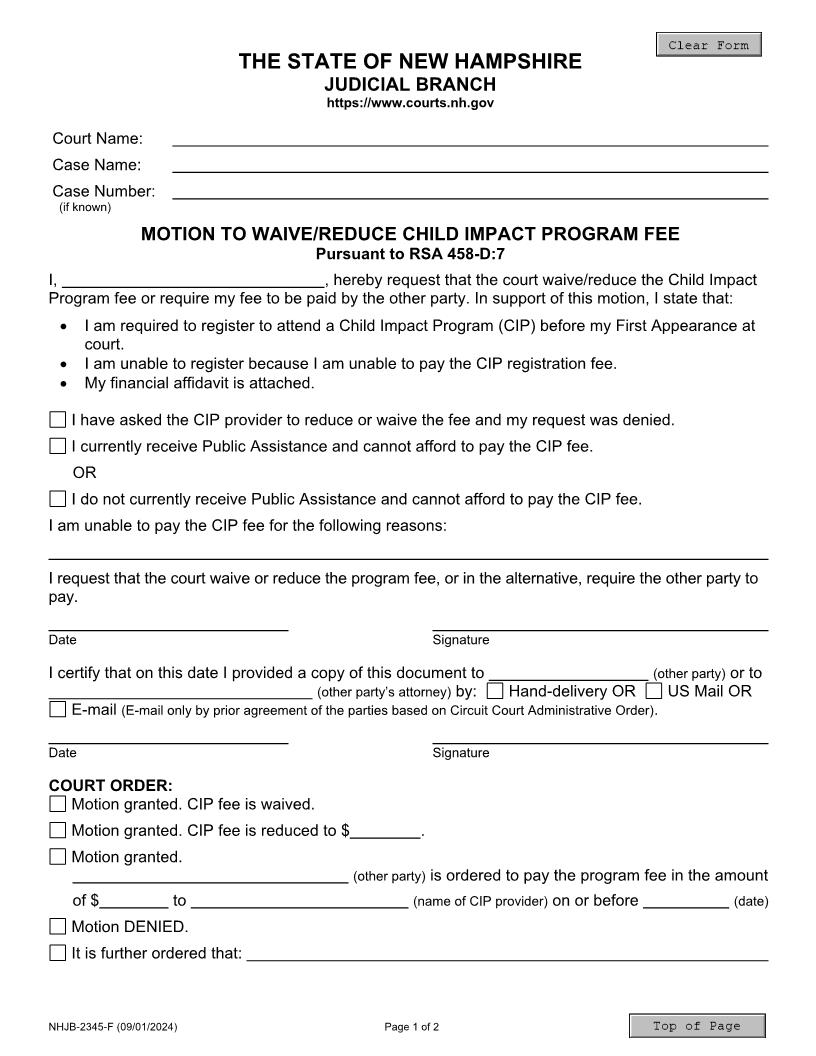 Motion To Waive Or Reduce Child Impact Seminar Fee {NHJB-2345-F} | Pdf Fpdf Doc Docx | New Hampshire