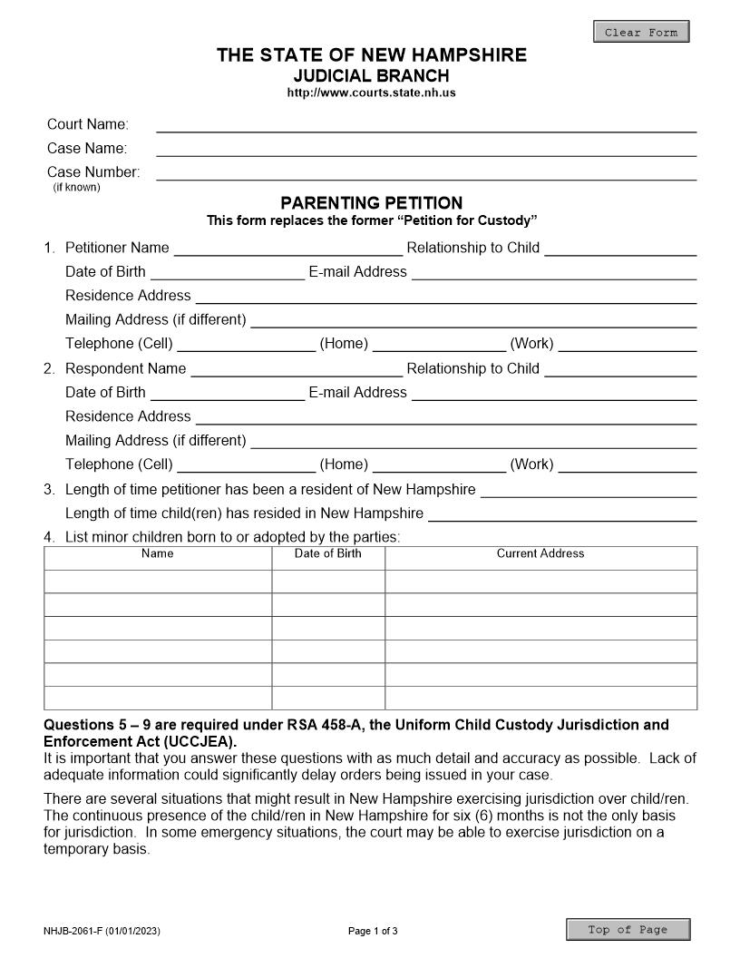 Parenting Petition {NHJB-2061-F} | Pdf Fpdf Docx | New Hampshire