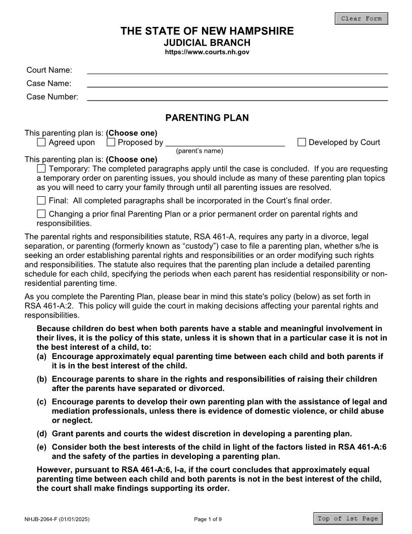 Parenting Plan {NHJB-2064-F} | Pdf Fpdf Docx | New Hampshire