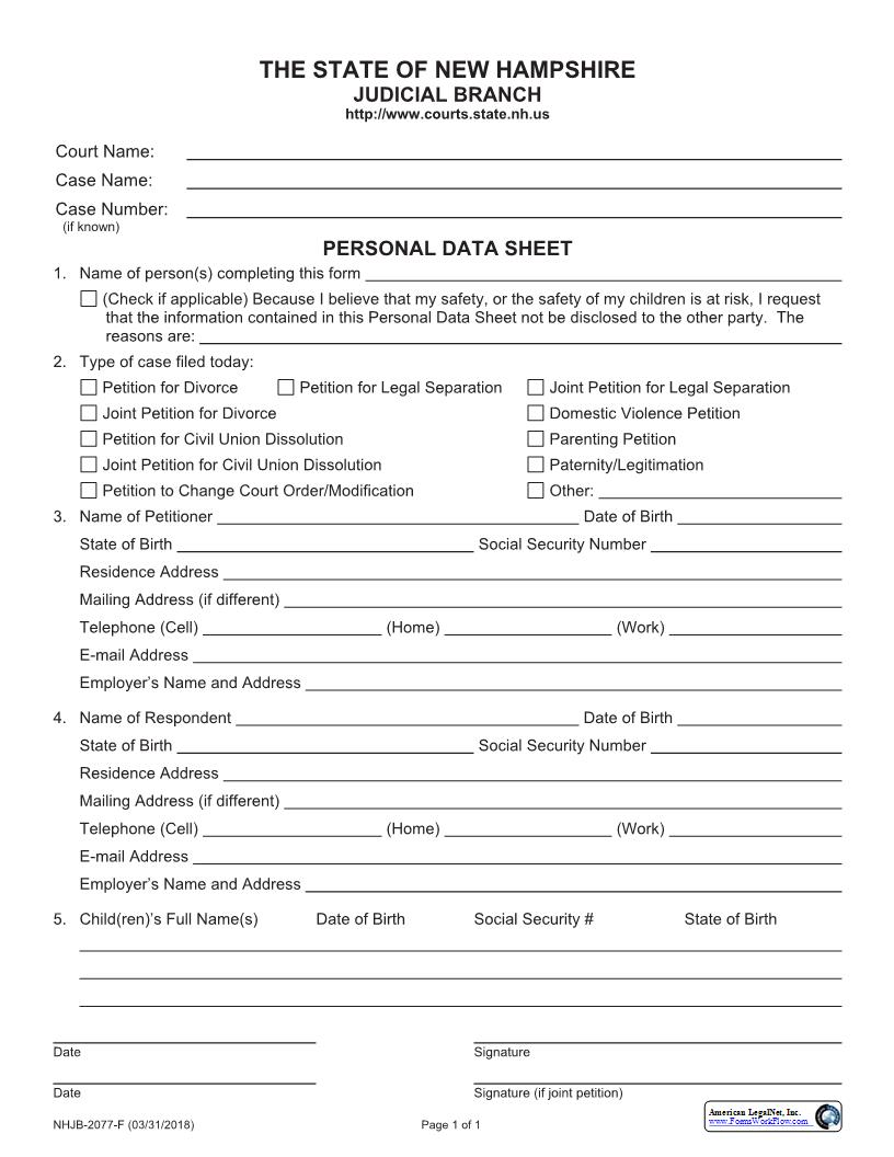 Personal Data Sheet {NHJB-2077-F} | Pdf Fpdf Docx | New Hampshire