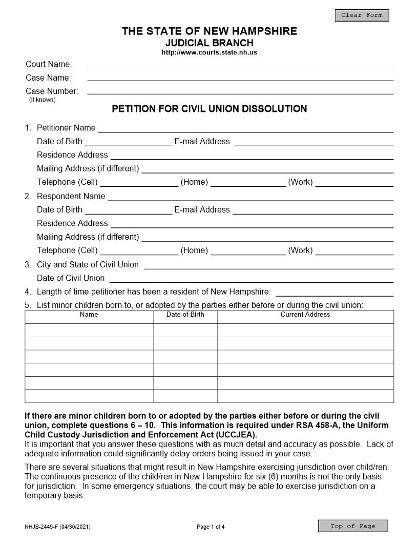 Petition For Civil Union Dissolution {NHJB-2449-F} | Pdf Fpdf Docx | New Hampshire