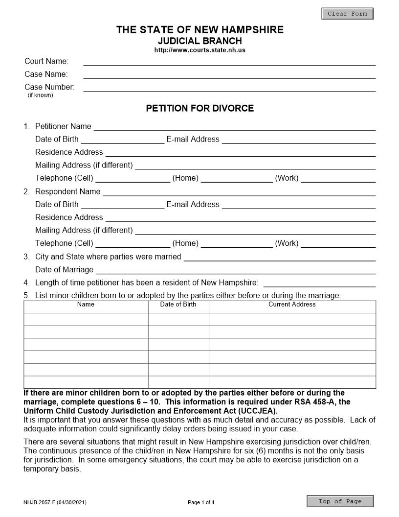Petition For Divorce {NHJB-2057-F} | Pdf Fpdf Docx | New Hampshire
