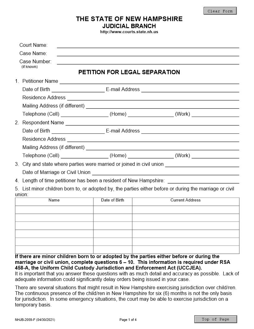 Petition For Legal Separation {NHJB-2059-F} | Pdf Fpdf Docx | New Hampshire