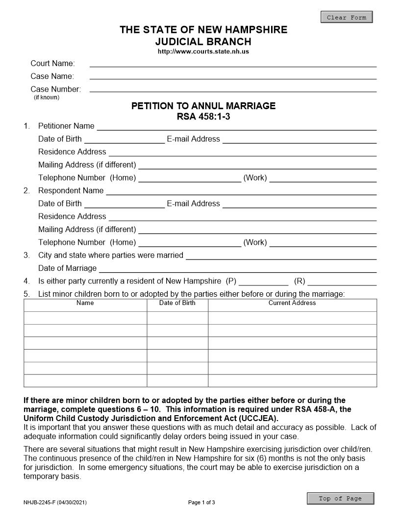 Petition To Annul Marriage {NHJB-2245-F} | Pdf Fpdf Doc Docx | New Hampshire